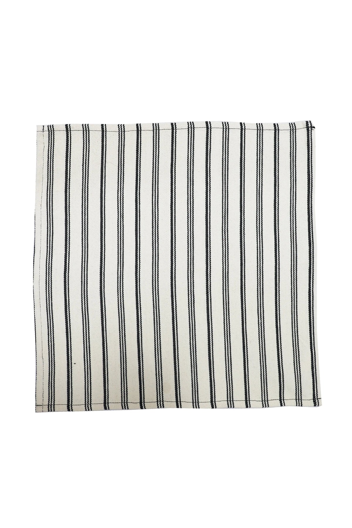 Square off-white canvas napkin with vertical black pinstripes in a rustic, minimalist style.
