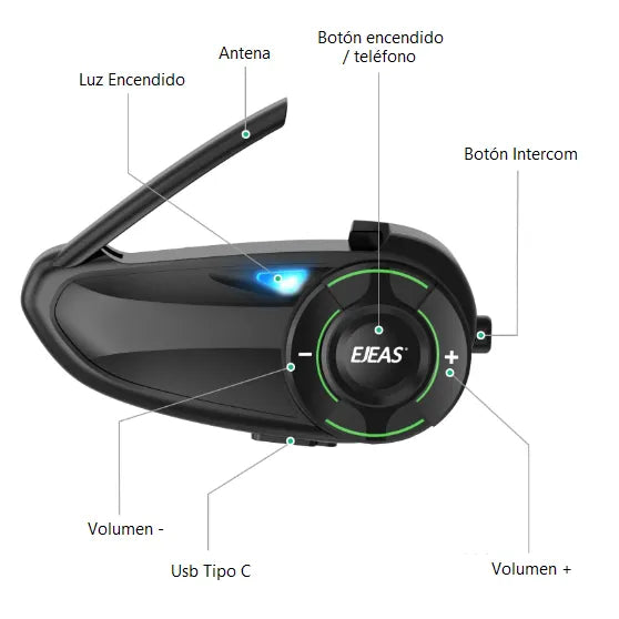 Bluetooth black headset EJEAS with green accents, featuring call, intercom buttons, volume control, and USB-C port.