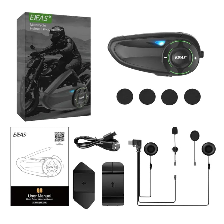 Black EJEAS Q8 motorcycle helmet intercom system with charging cable, microphone, and user manual.