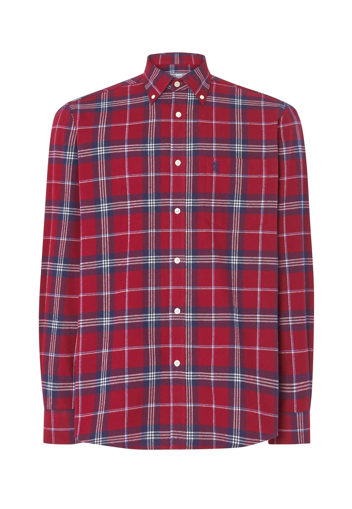 Camisa de hombre de franela roja con estampado de cuadros, manga larga, botones y bolsillo frontal, estilo casual.