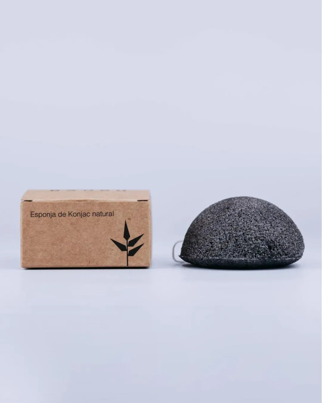 Esponja facial de carbón negra y porosa junto a su caja de cartón reciclado BANBU sobre fondo gris claro.