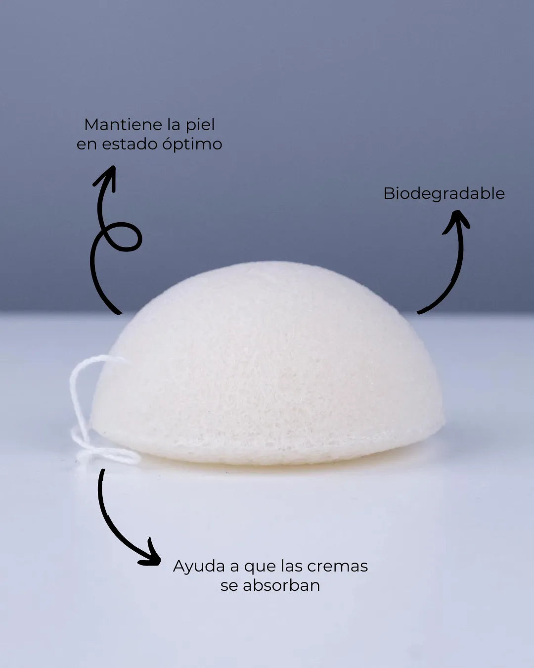 Esponja facial Banbu de Konjac, blanca y porosa, con texto sobre beneficios para la piel sobre fondo gris y blanco.