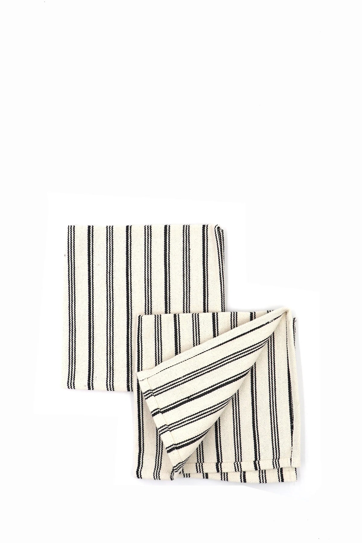 Pack de dos servilletas de loneta con estampado de rayas verticales negras sobre fondo crudo, estilo rústico y natural.