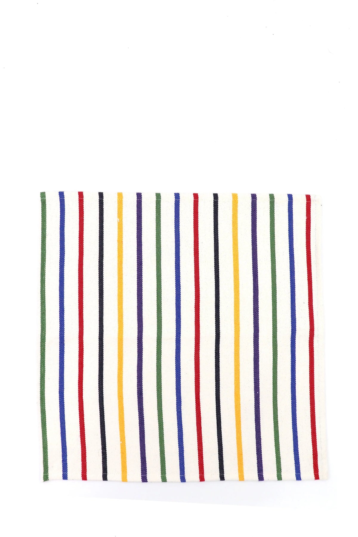 Pack de dos servilletas de tela con diseño de rayas verticales multicolores sobre fondo blanco, estilo artesanal.
