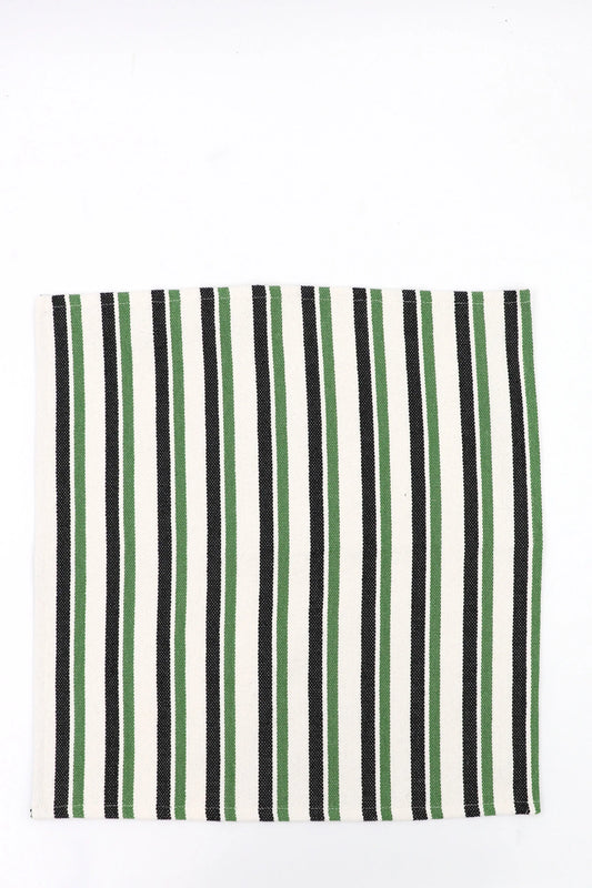 Pack de dos servilletas de loneta con diseño de rayas verticales en tonos verde, negro y crudo sobre fondo claro.