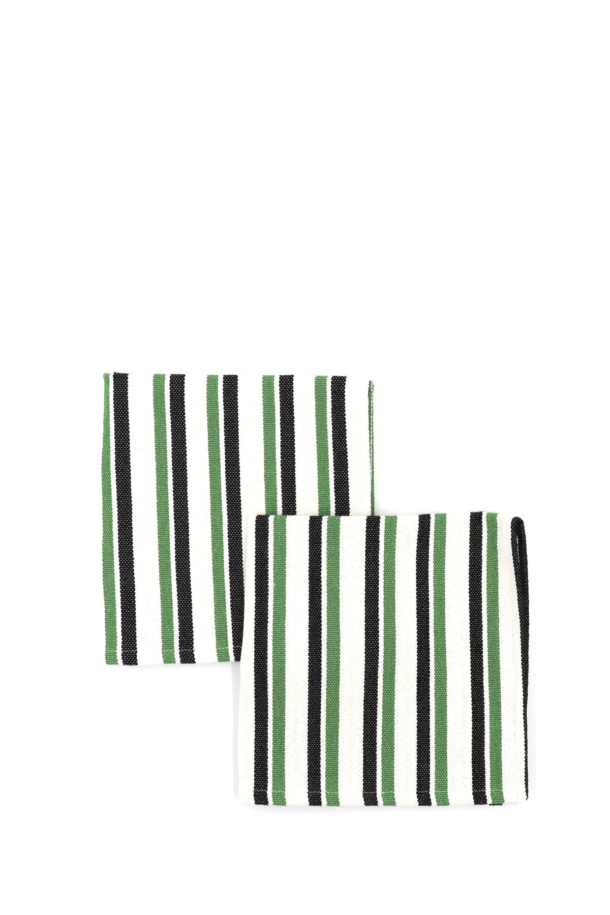 Pack de dos servilletas de loneta con diseño a rayas verticales en verde, negro y blanco sobre fondo blanco.