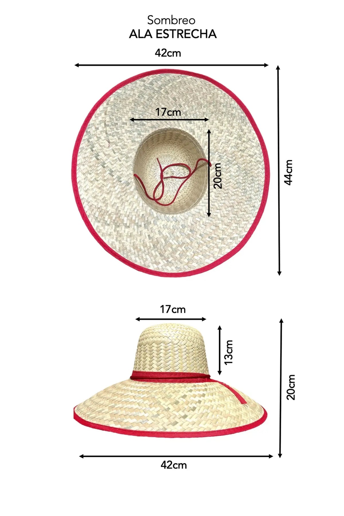 Sombrero de paja natural con ala estrecha y borde rojo, diámetro 42 cm, ideal para el verano.