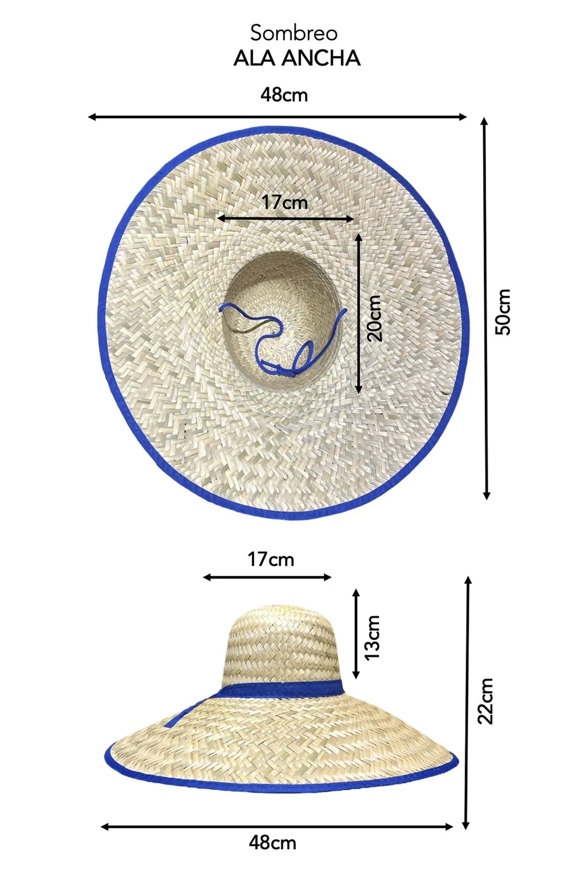 Sombrero de ala ancha, color natural con borde azul, tejido de palma, ideal para el sol y estilo veraniego.