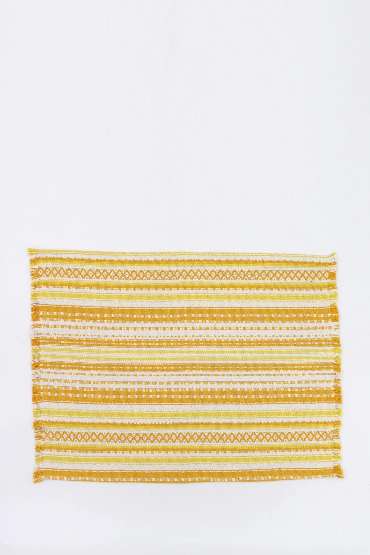 Rectangular yellow and cream striped placemat with woven geometric patterns and a frayed fringed edge.