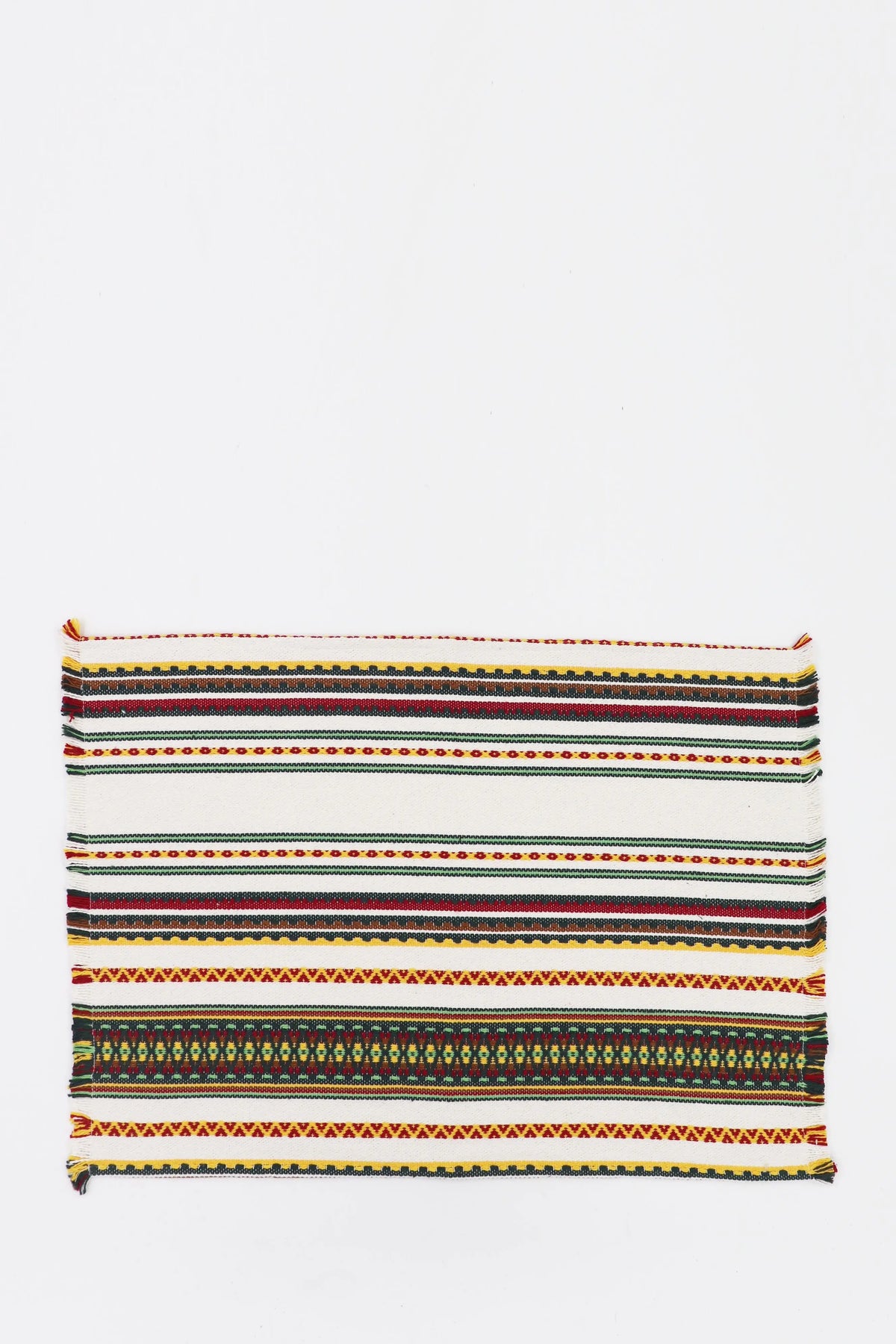 Rectangular woven placemat in off-white featuring traditional striped patterns in red, yellow, green, and black.