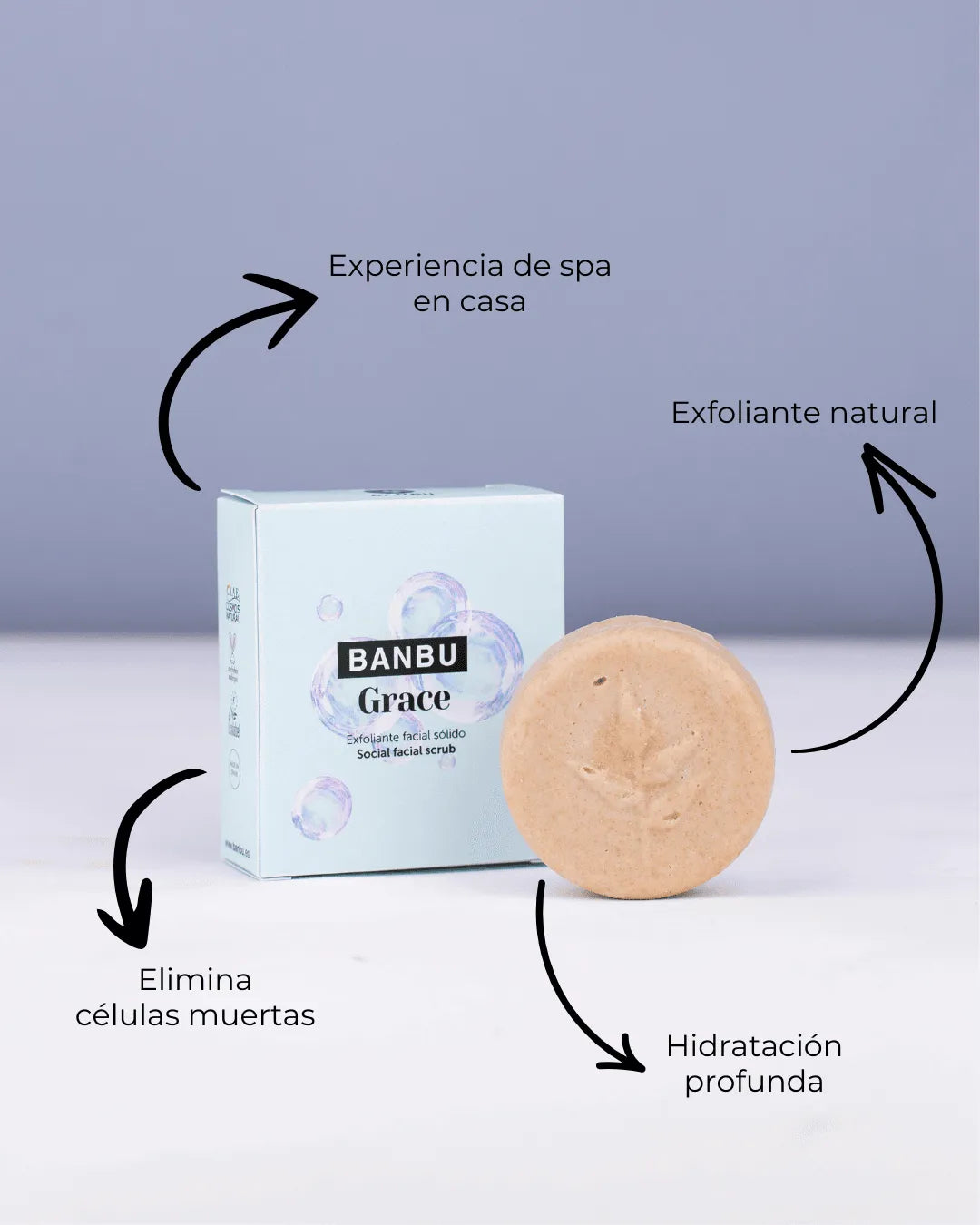 Exfoliante sólido Banbu Grace: pastilla beige con hoja grabada y caja azul claro con burbujas y beneficios señalados.