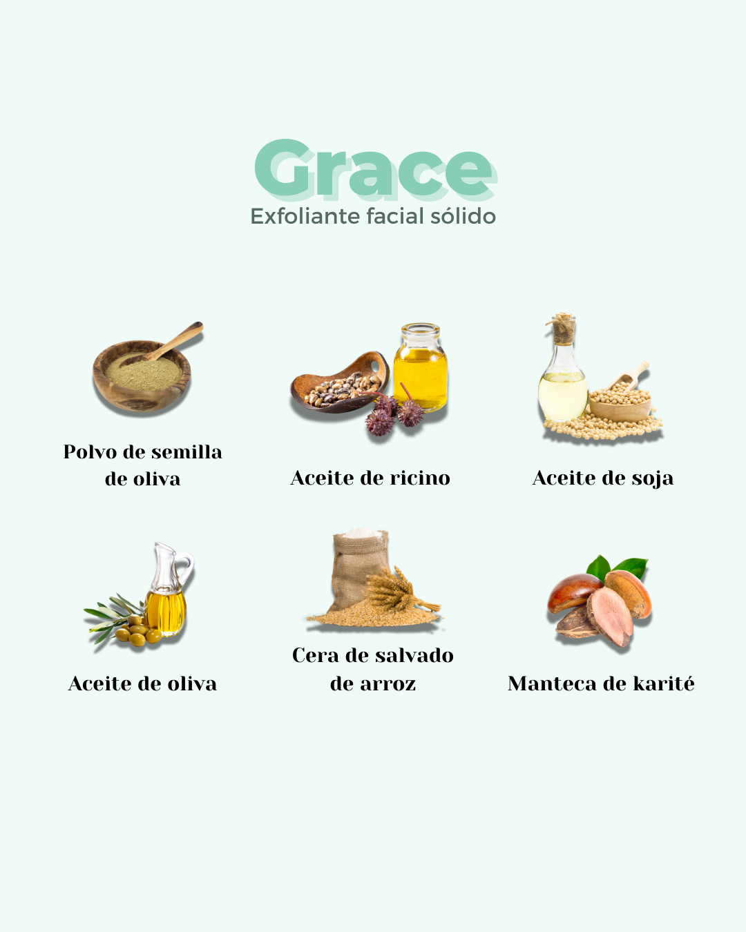 Infografía sobre ingredientes naturales del exfoliante sólido Grace de Banbu sobre fondo verde claro.