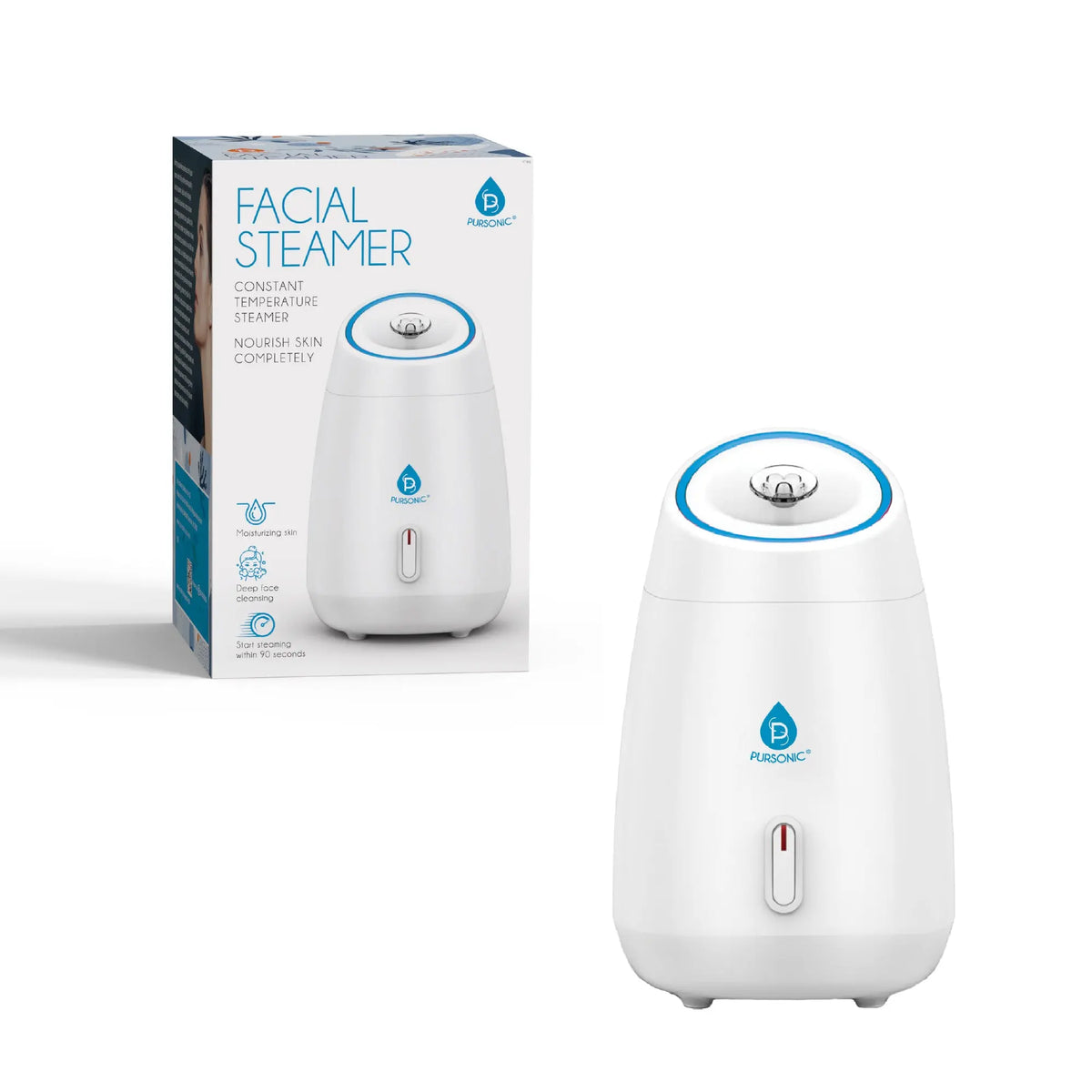 White Pursonic facial steamer with blue trim and a power switch, displayed next to its product packaging.