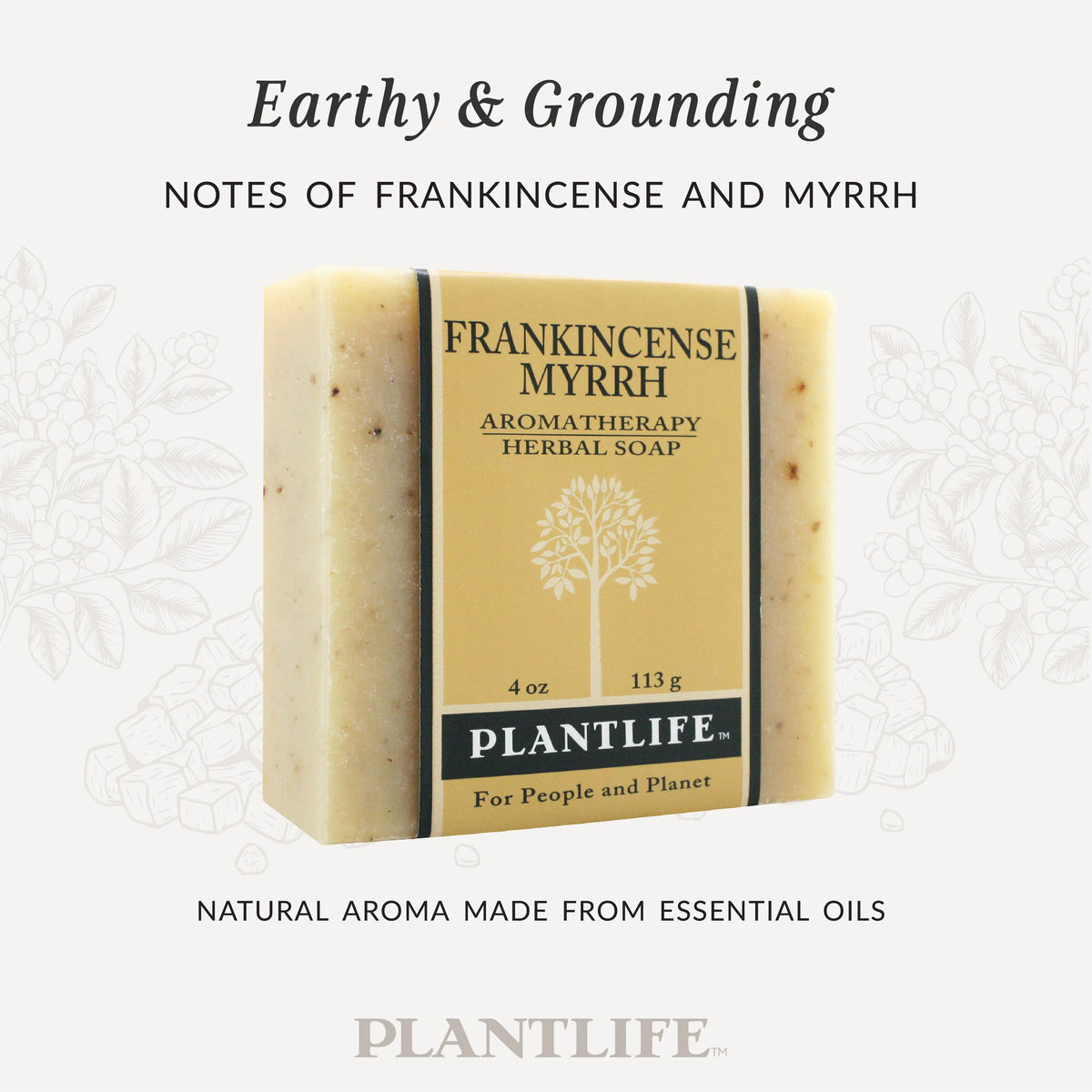 A rectangular bar of textured, off-white herbal soap wrapped in a tan label with tree graphics and black text.