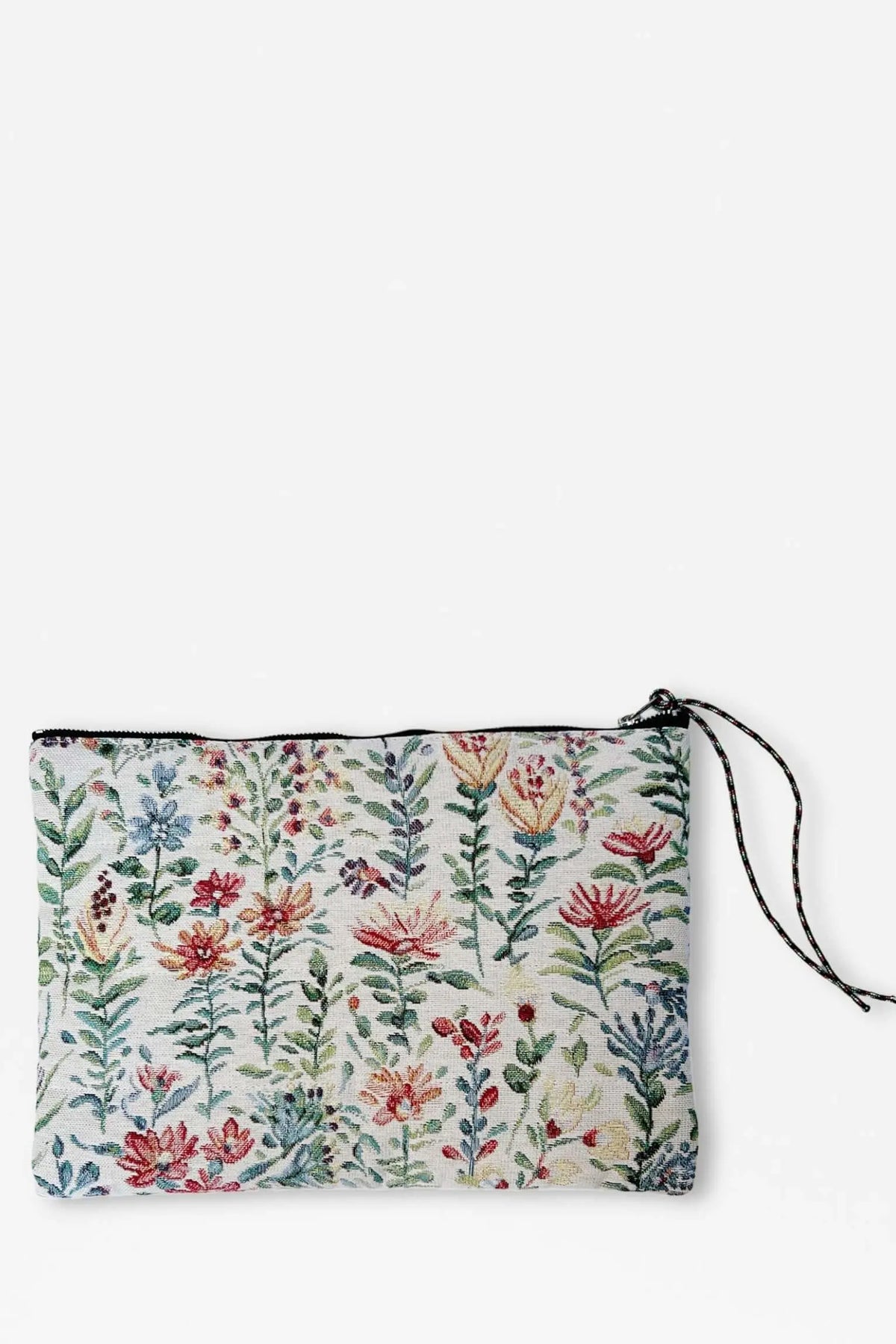 Rectangular laptop sleeve in beige jacquard fabric with a colorful azalea floral pattern and black zippered pull cord.