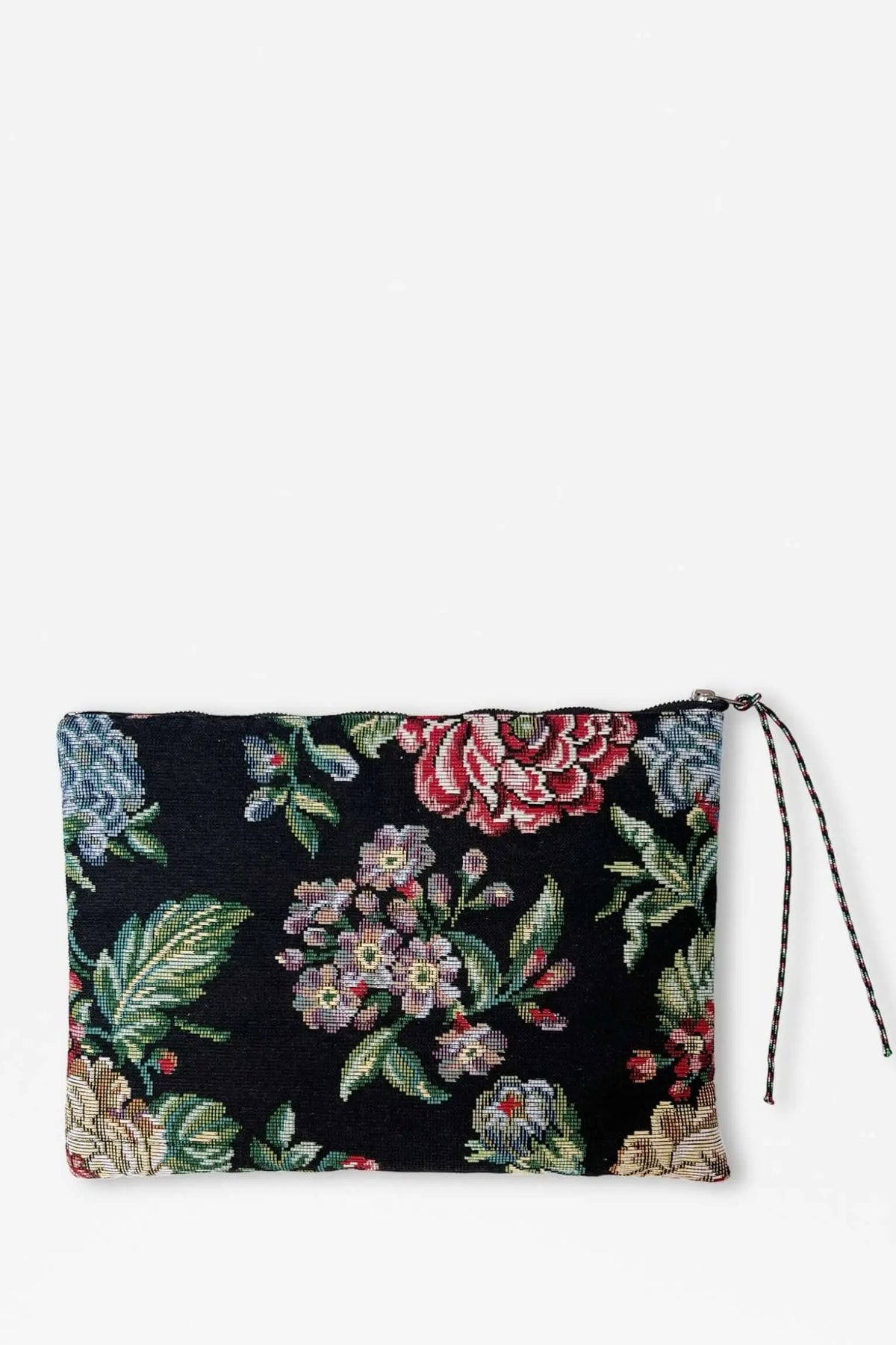 Funda para portátil y tablet de tela jacquard negra con estampado floral de peonías coloridas y cierre de cremallera.