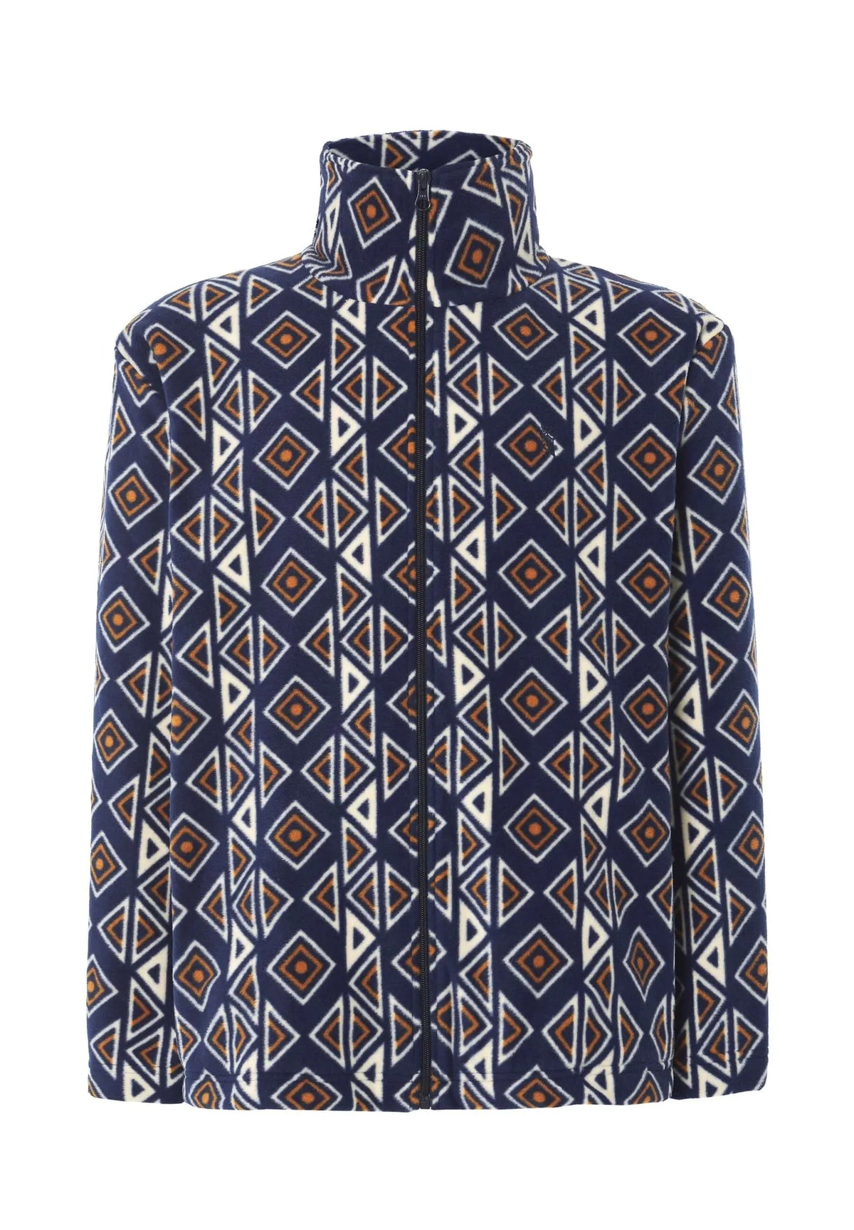 Chaqueta de pijama para hombre de forro polar azul con estampado geométrico, cuello alto y cierre de cremallera frontal.