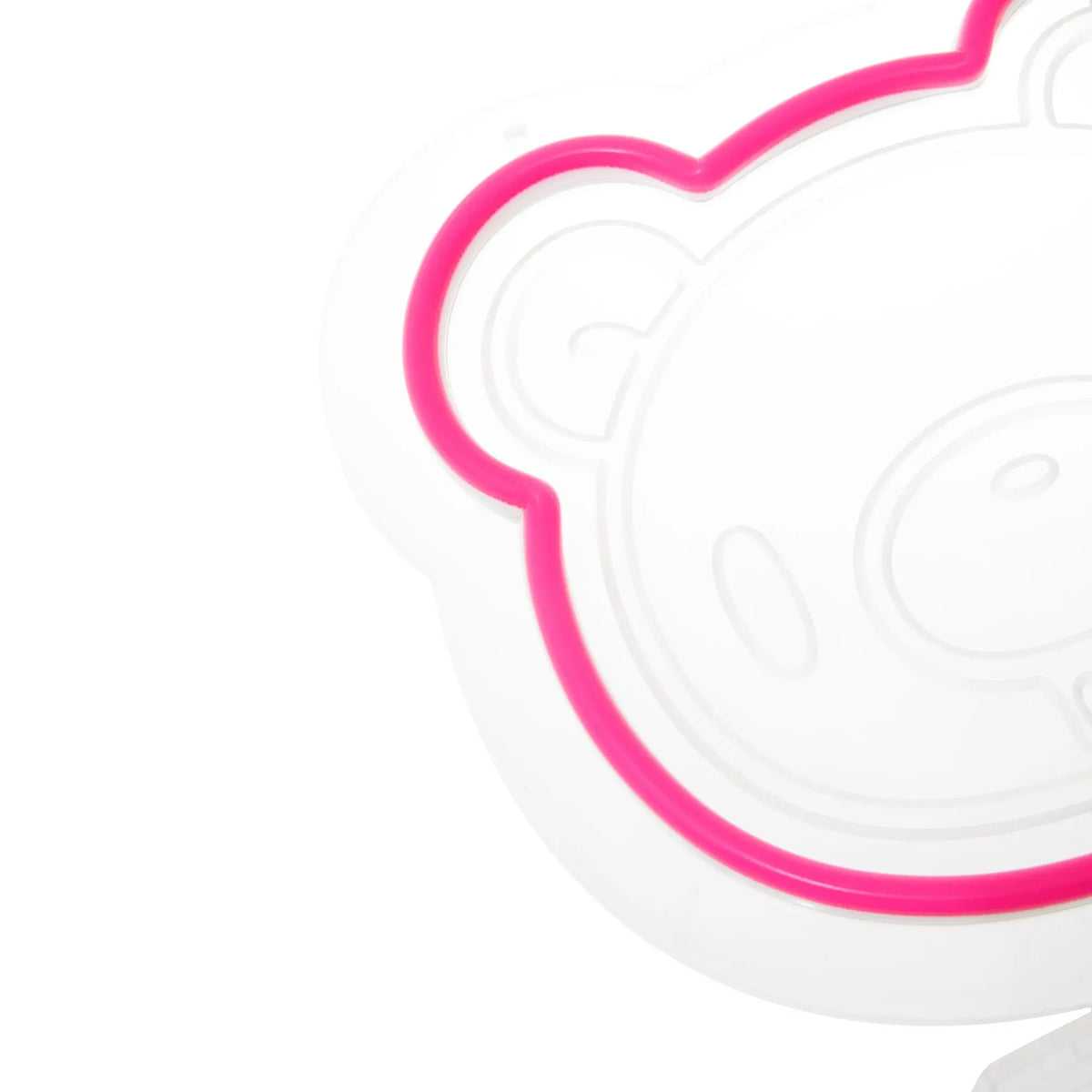 Gloomy Bear desk lamp with a vibrant pink neon outline against a clear acrylic bear-shaped backing.