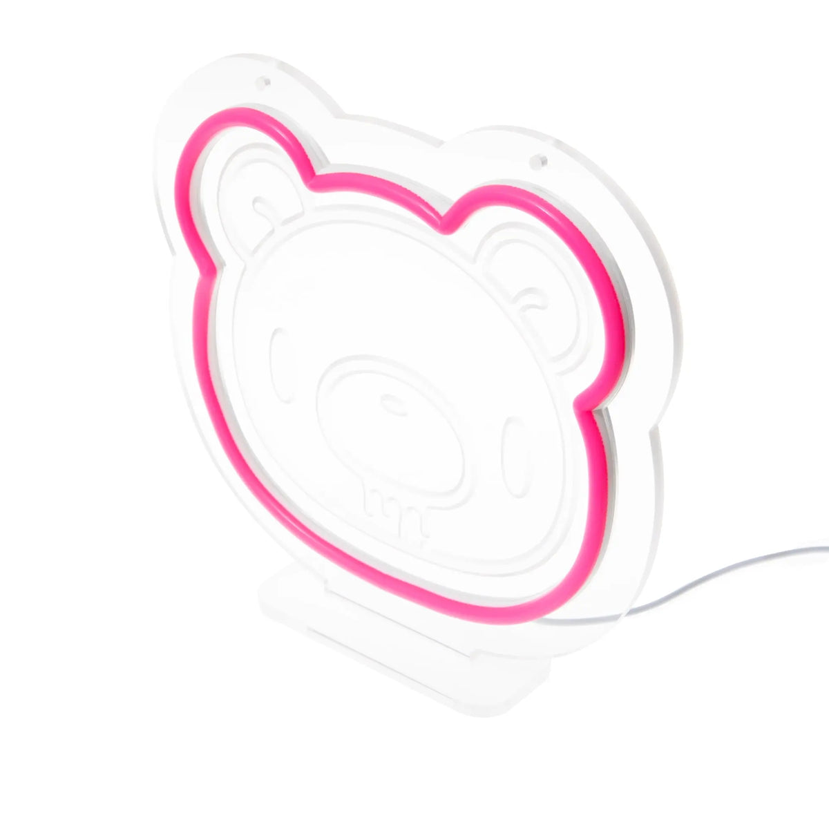 Gloomy Bear neon desk lamp featuring a bright pink LED outline on a clear, bear-shaped acrylic panel and white stand.