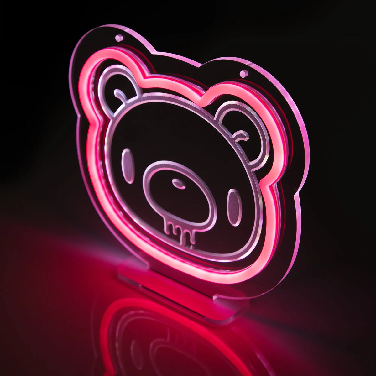 Gloomy Bear clear acrylic desk lamp featuring a glowing pink neon border against a dark background.