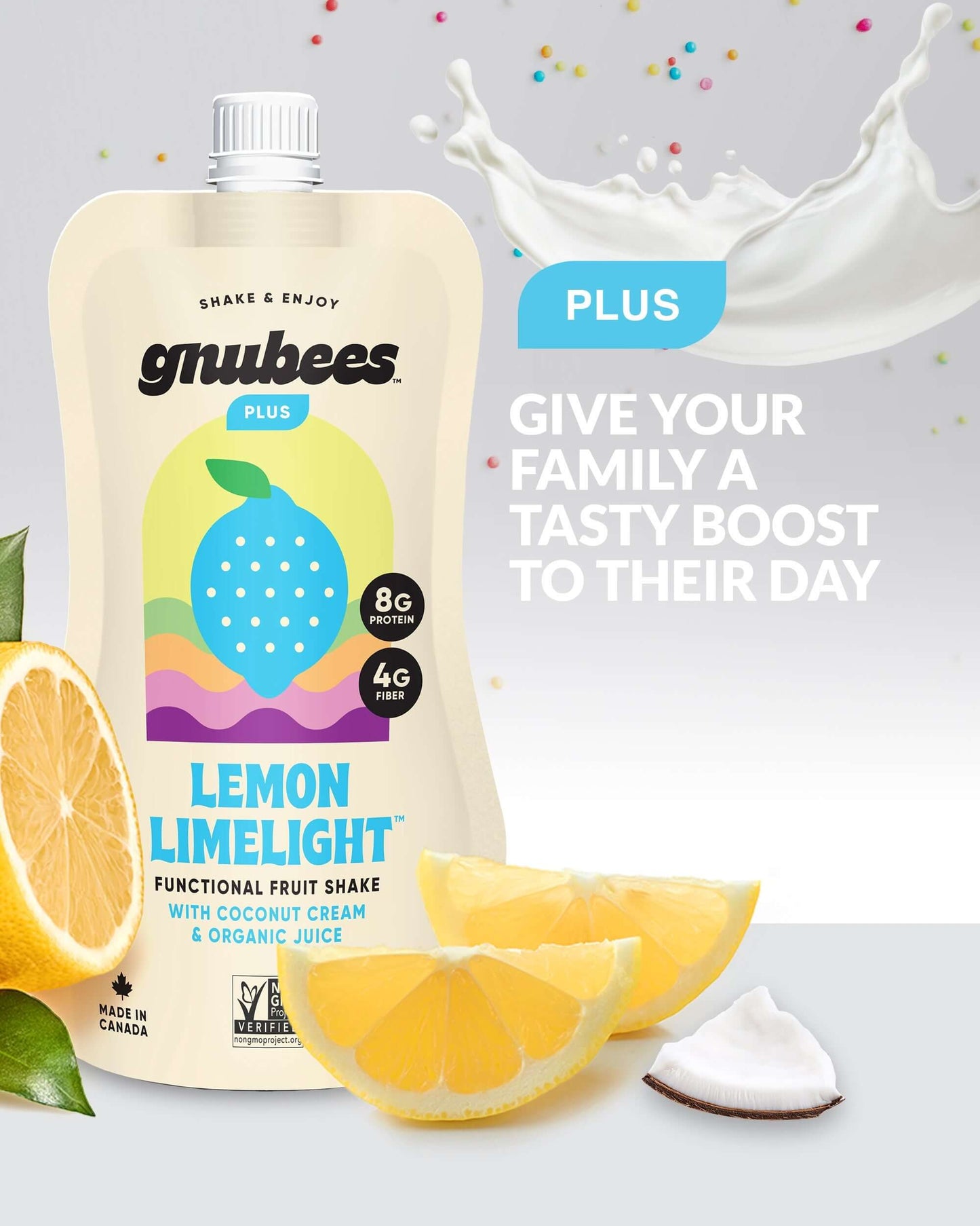 Paquete de Gnubees Plus Lemon Limelight, batido de fruta con sabor a limón y crema de coco, nutritivo y delicioso.