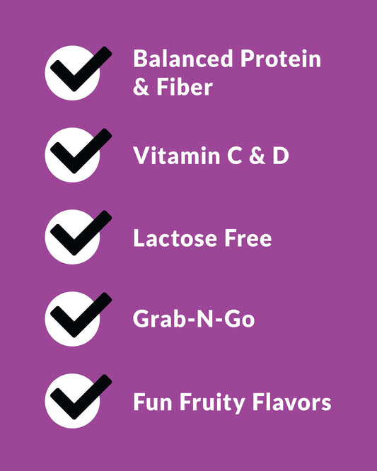 Atractivos beneficios del producto Grape: proteína equilibrada, vitaminas C y D, sin lactosa, y sabores divertidos.