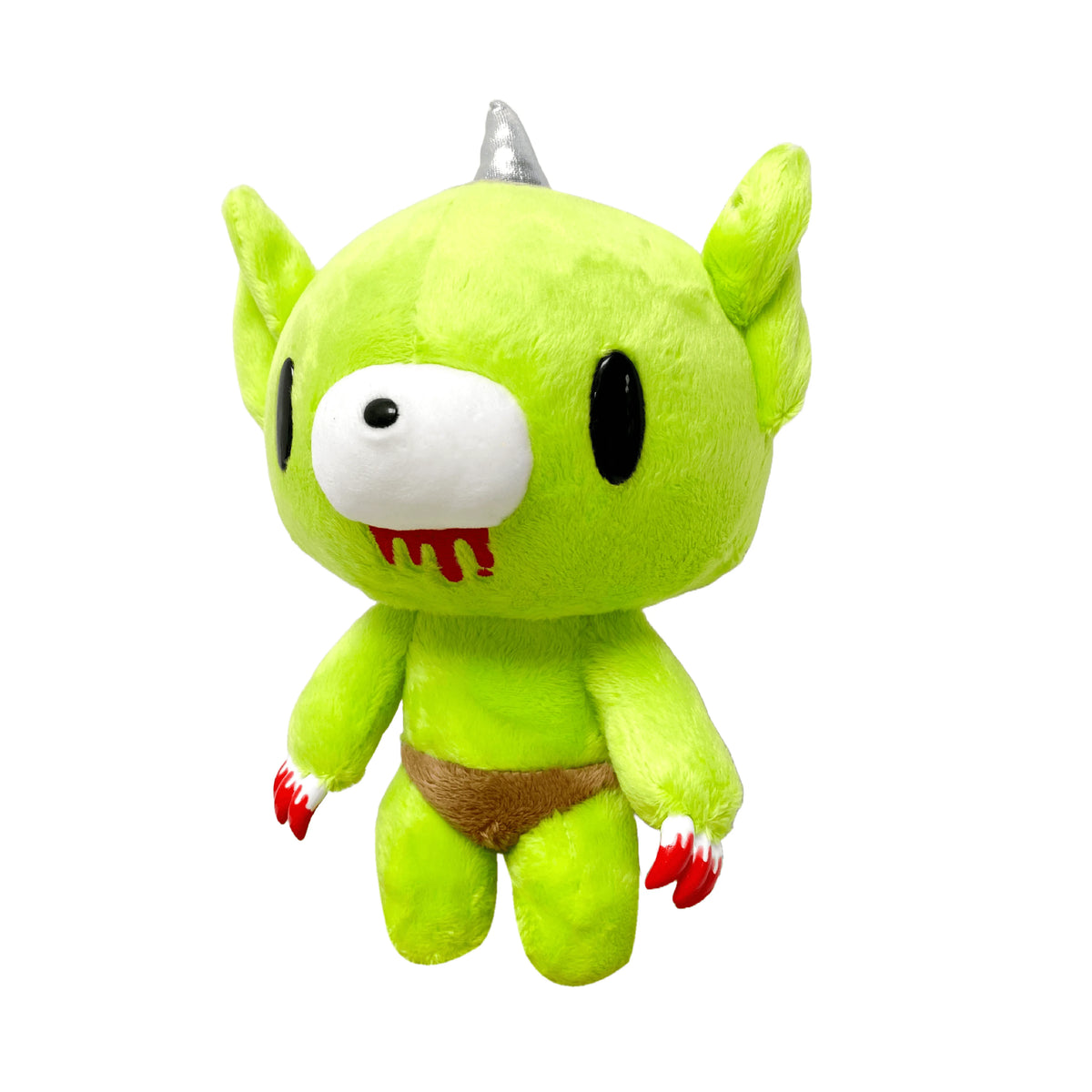 8" Gloomy Bear goblin plush in neon green, with silver horn, red claw marks, and brown loincloth on white background.