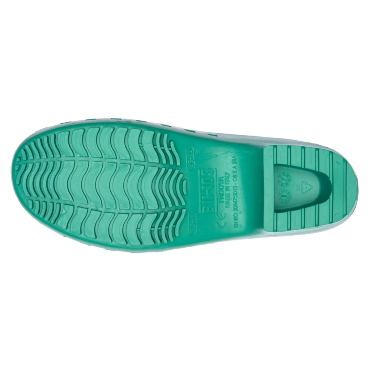 Bottom view of a green rubber clog showing textured anti-slip sole patterns, embossed markings, and size information.