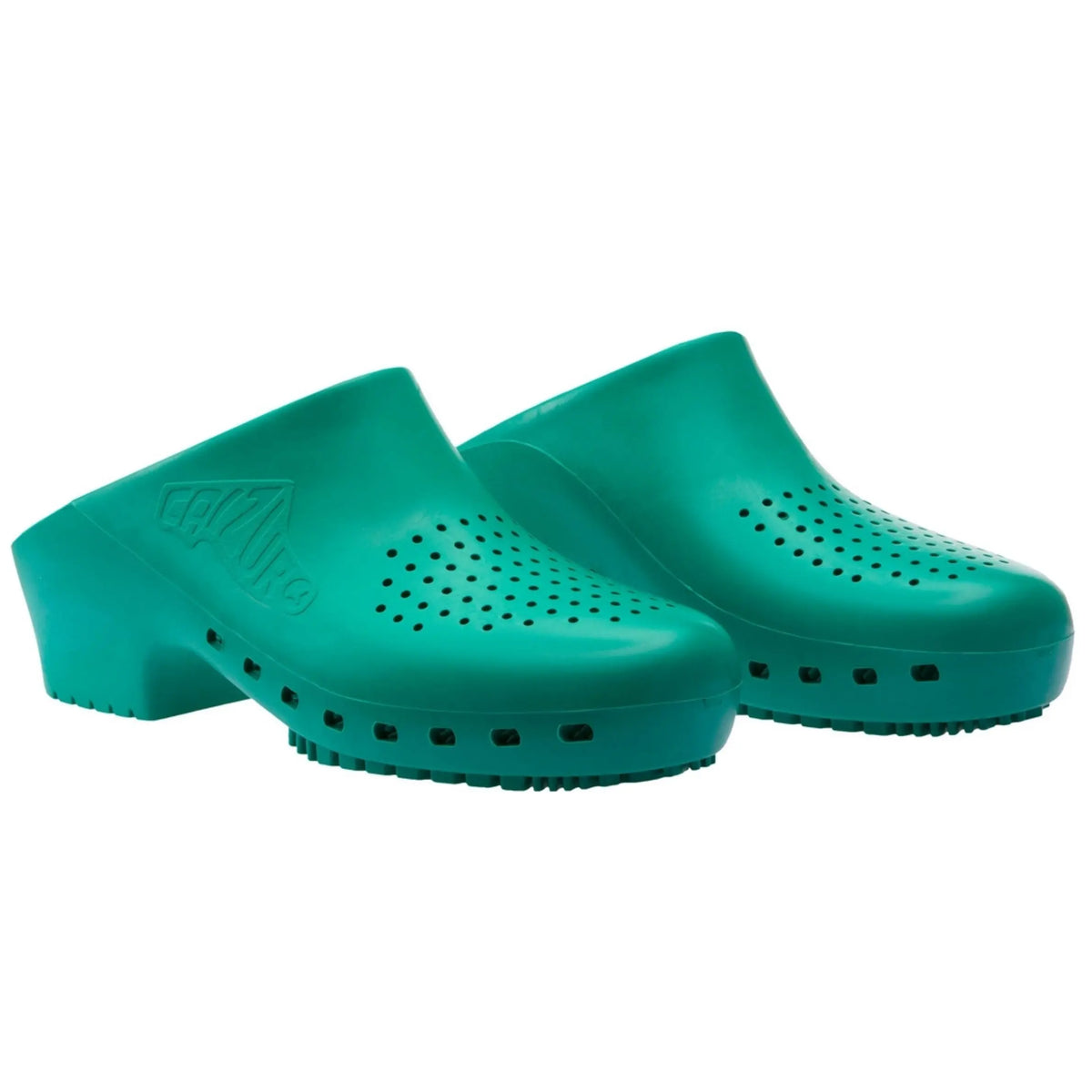 Green rubber clogs with ventilation holes on the top and sides, featuring a molded platform heel.