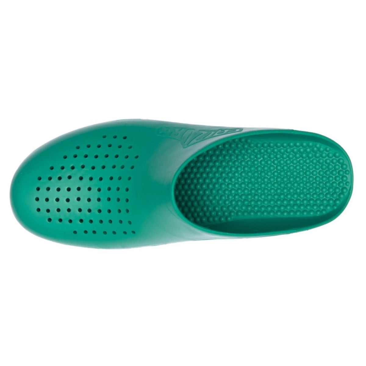 Top view of a green rubber clog featuring a perforated toe box and a textured, slip-resistant inner sole.