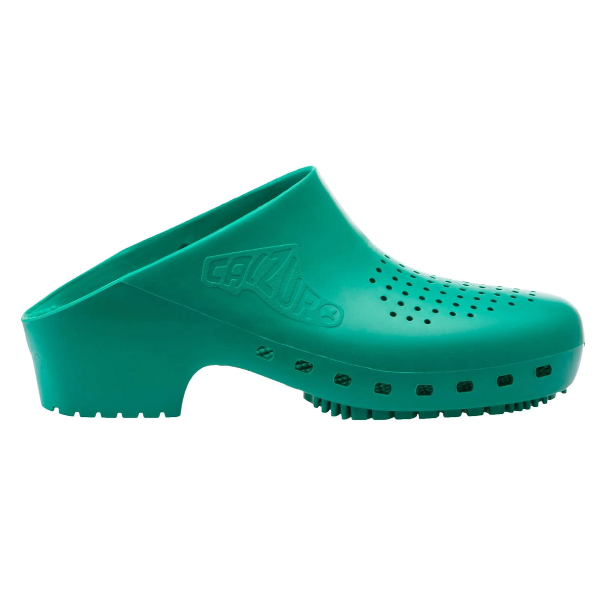 Green slip-on clog with ventilation holes on the upper and side, featuring a durable, molded synthetic design.