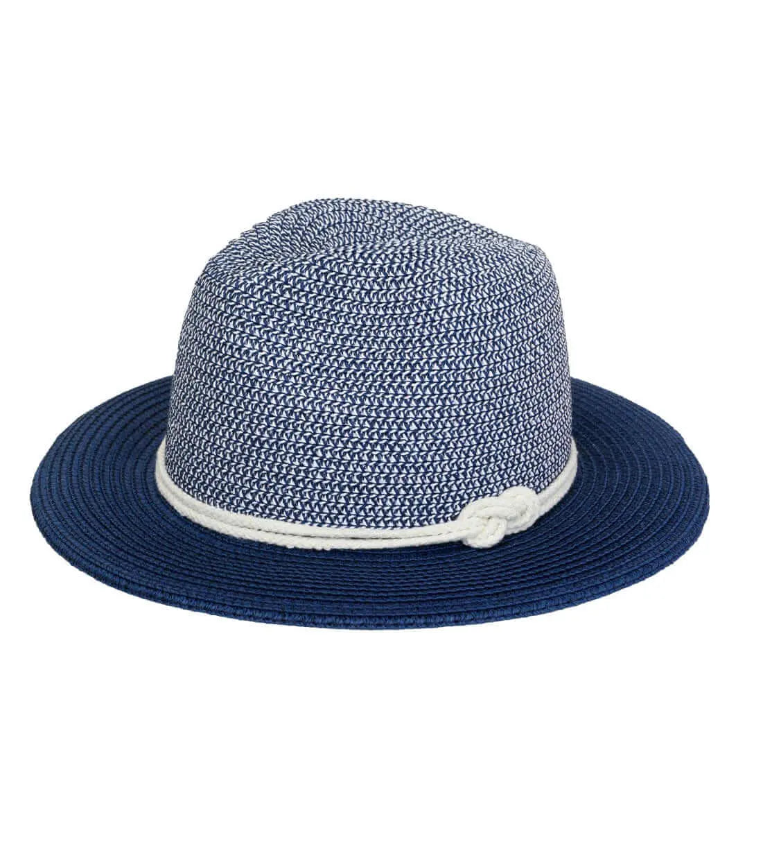 Two-tone blue and white straw Panama hat with a white rope band and knotted detail at the front.