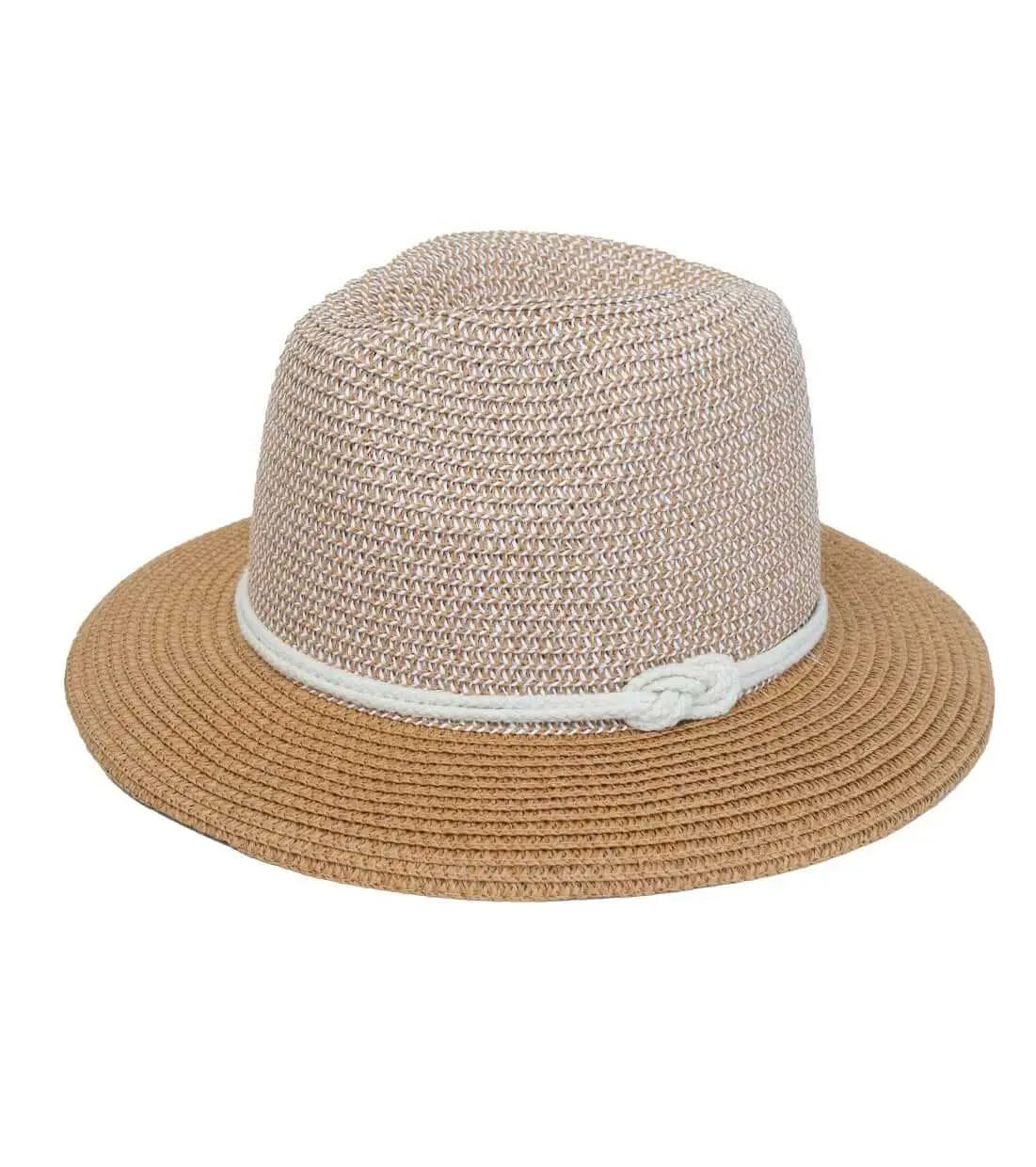 Two-tone straw Panama hat with a light beige crown, tan brim, and a white rope band featuring a side knot detail.