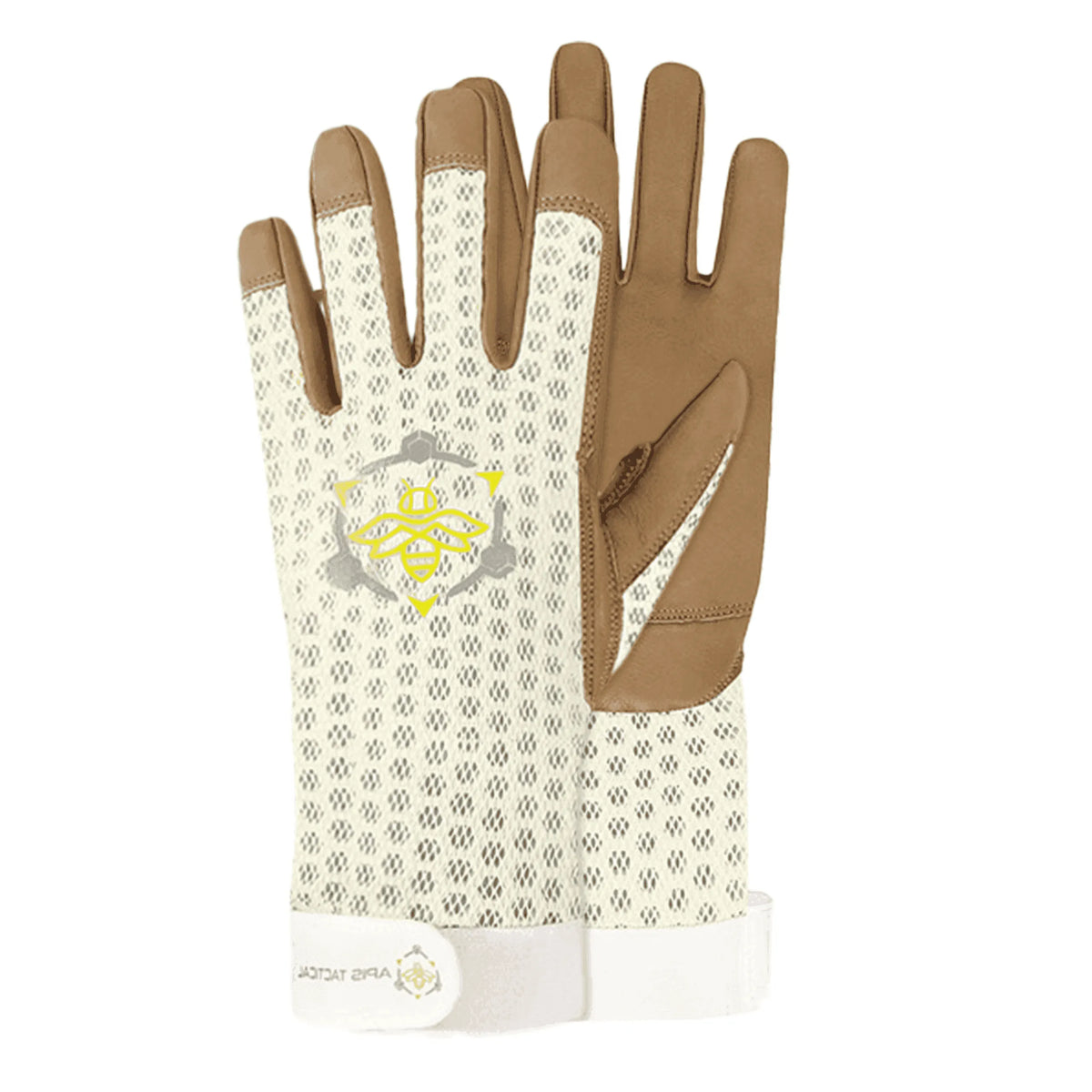 Tan leather and cream mesh beekeeping gloves with a yellow bee logo and adjustable hook-and-loop wrist straps.