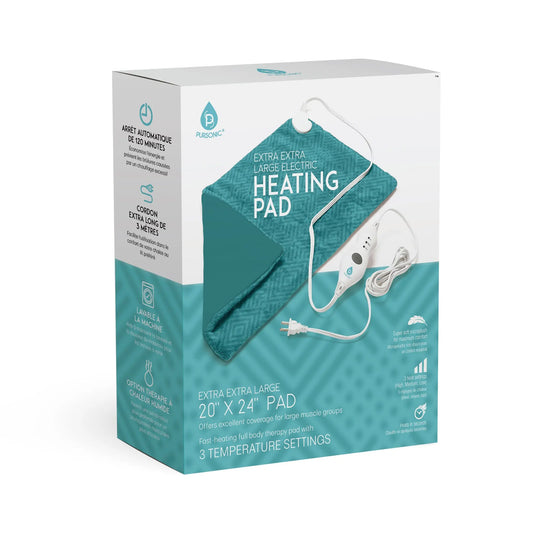 Teal 20x24-inch extra-large heating pad in a product box, featuring soft microplush fabric and 3 heat settings.