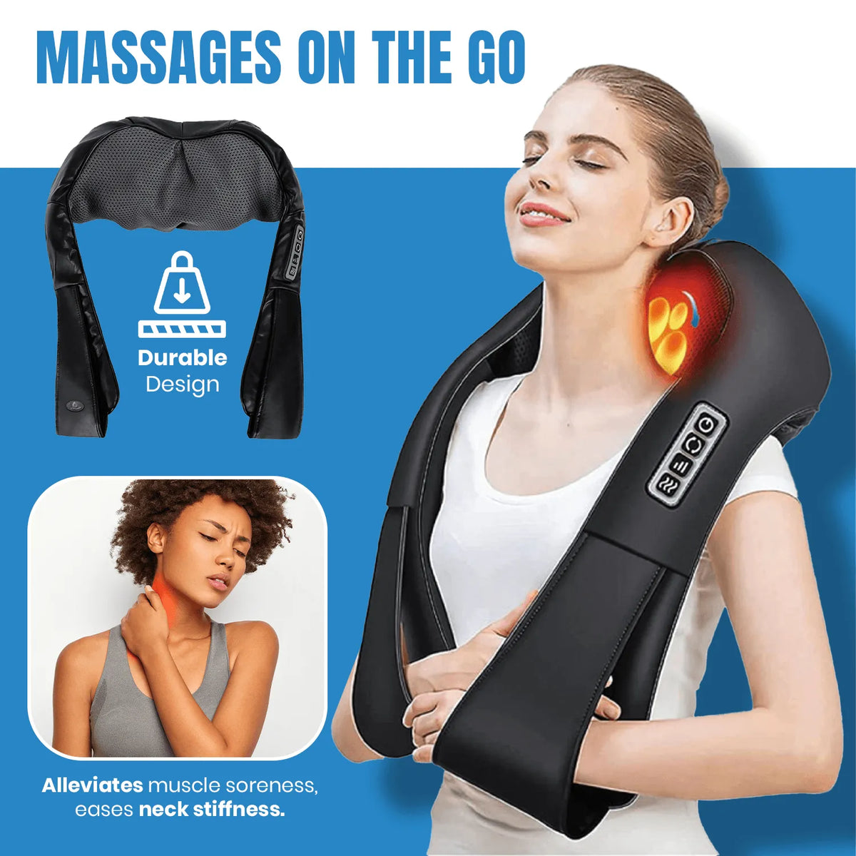 Black 3D shiatsu back and neck massager with heating, mesh fabric, and built-in control buttons on the strap.