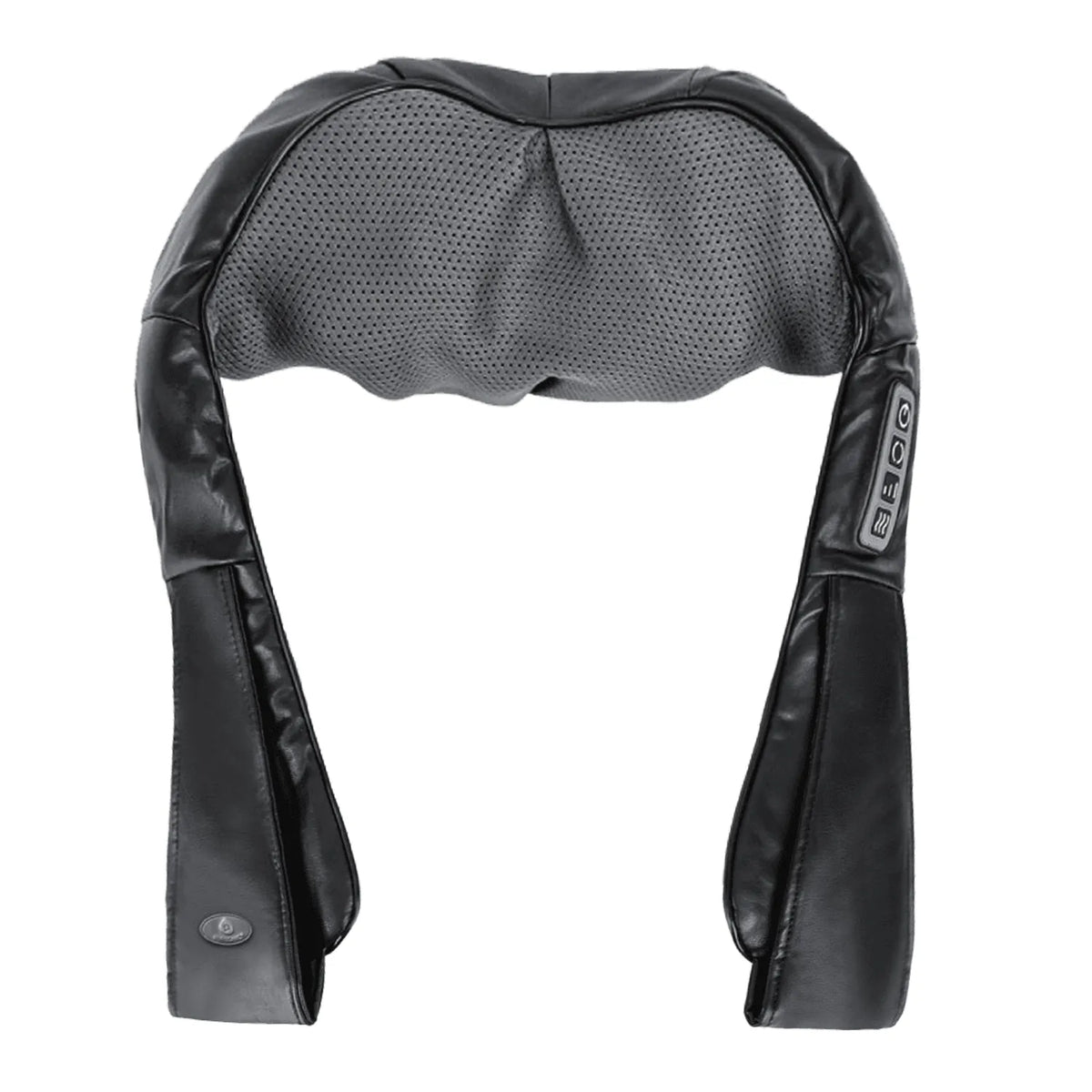 Black leather-look neck and back massager with grey mesh center and integrated control panel on the side strap.
