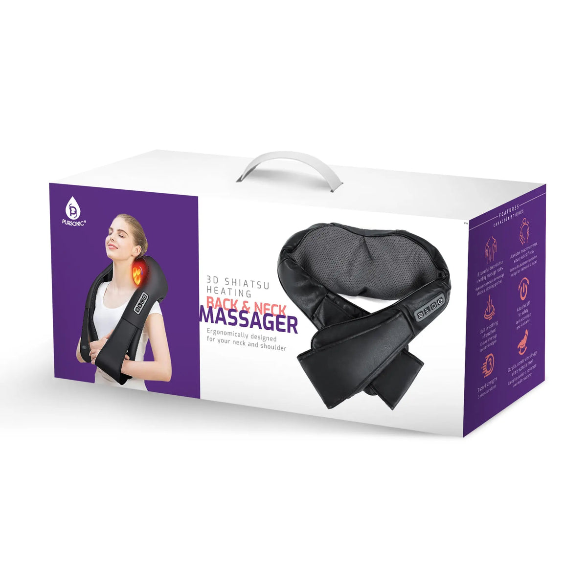 White and purple product box for a black, U-shaped Shiatsu neck and shoulder massager with a built-in control panel.