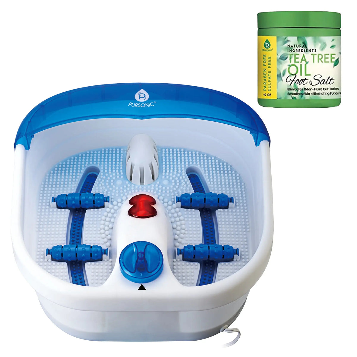 White and blue foot spa massager with built-in rollers, heating function, and a jar of tea tree oil foot salt scrub.