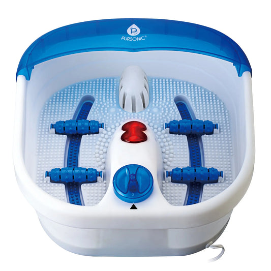 White and blue Pursonic foot spa with heating function, massage rollers, and textured base for relaxation.