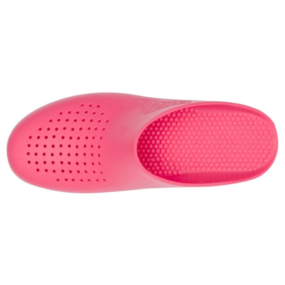 Hot pink rubber clog with ventilation holes on the top and a textured footbed, viewed from above.