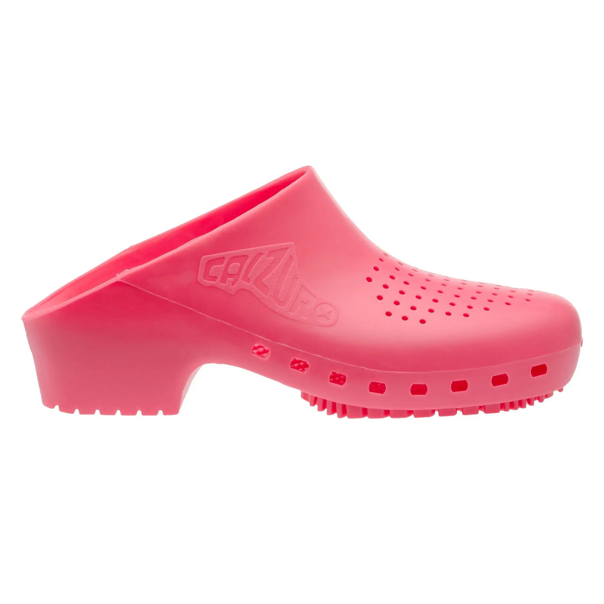 Hot pink rubber clog with a block heel, ventilation holes on the top, and side cutouts for airflow.