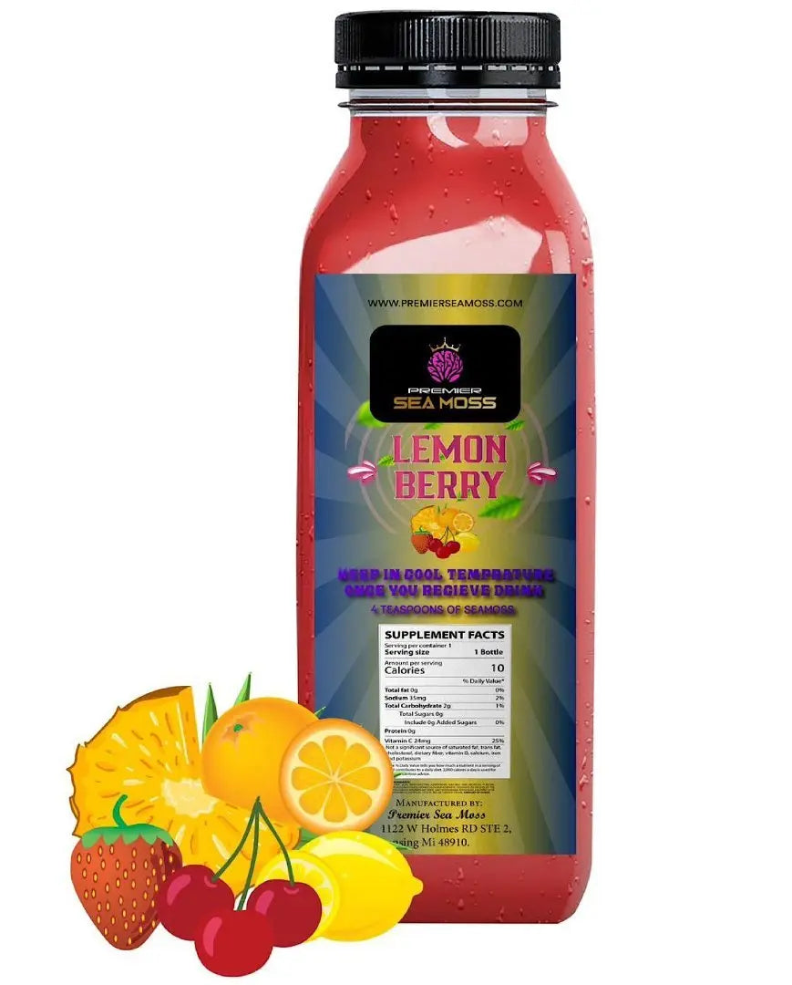 A 12 oz bottle of pink Sea Moss Lemon Berry drink with a black cap, featuring a label with fruit illustrations.