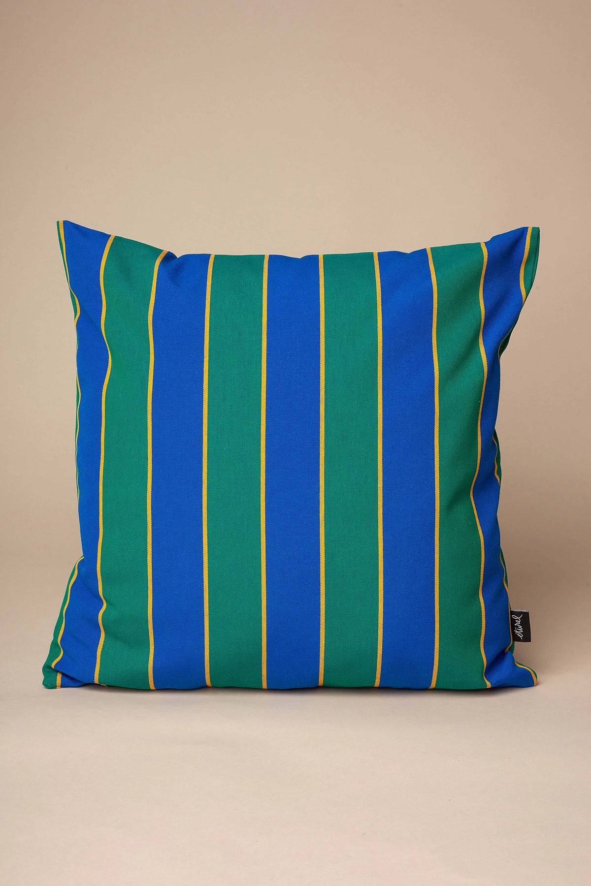Square 50x50cm cushion cover in sturdy canvas, featuring vertical blue and green stripes accented with thin yellow lines.
