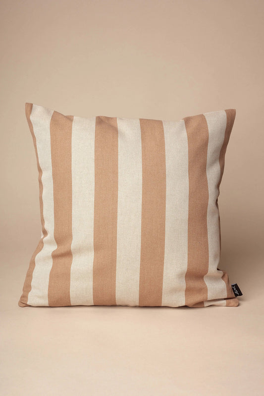 Square beige and white striped canvas cushion cover with a textured, durable fabric finish.