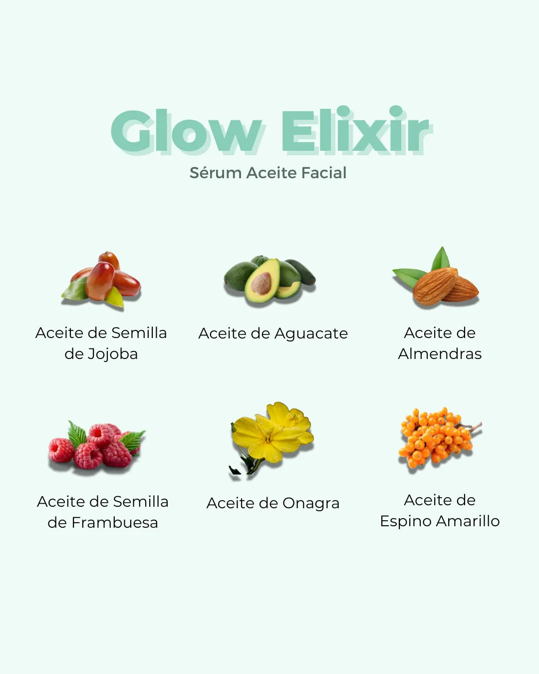 Sérum Glow Elixir de Banbu: imagen con fondo verde claro que muestra los seis aceites naturales que lo componen.