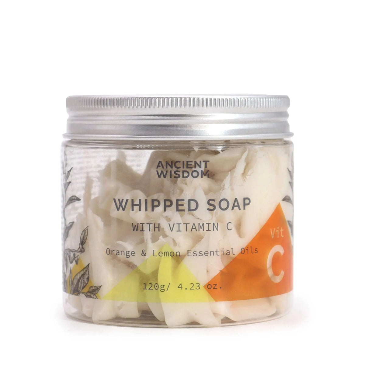 Jabón batido con Vitamina C Ancient Wisdom en frasco transparente de 120g con tapa metálica y etiqueta cítrica.