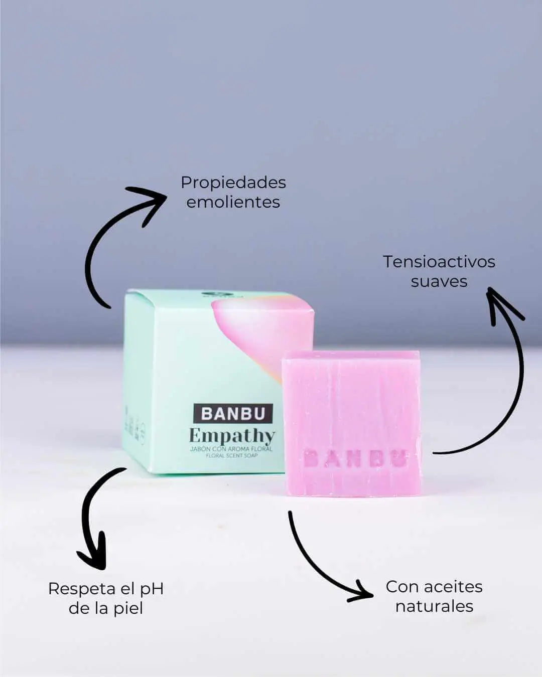 Jabón sólido rosa Banbu Empathy junto a su caja verde menta, con flechas señalando sus beneficios naturales.