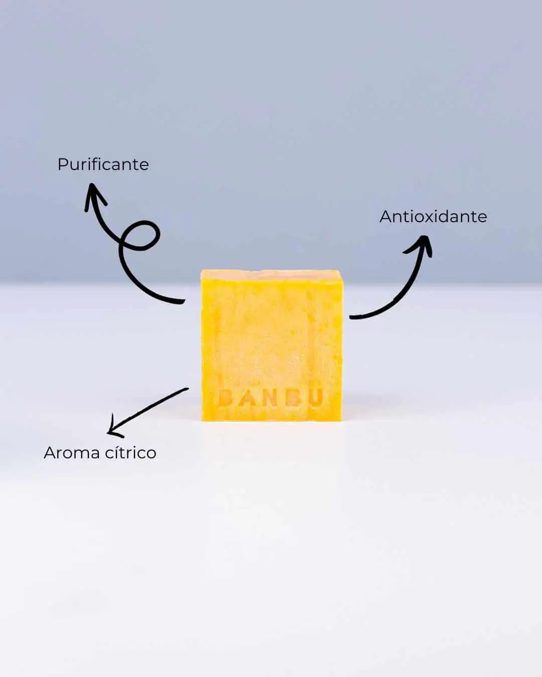 Jabón sólido Banbu amarillo sobre fondo blanco. Señala sus beneficios: purificante, antioxidante y aroma cítrico.