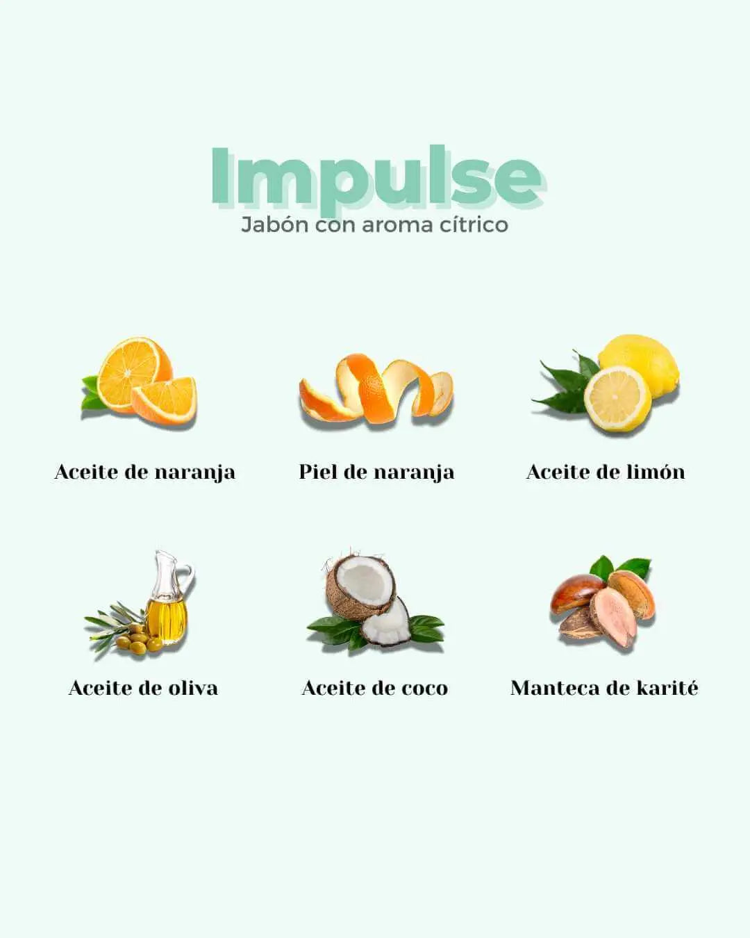 Infografía del jabón Banbu Impulse con iconos de ingredientes naturales: cítricos, aceites, coco y karité. Fondo verde.